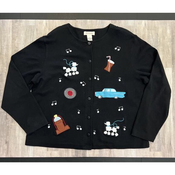 Bechamel Cardigan Sweater Womens Size XL 50s Design Poodle Music Car Sock Hop - Picture 1 of 8